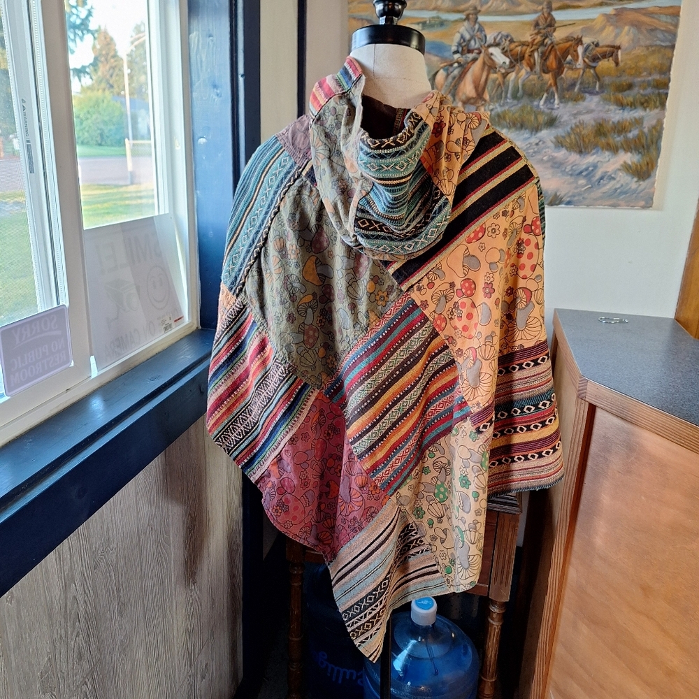 Kathmandu Imports Mushroom Patchwork Fringed Poncho, 100% Cotton, Size S/M? - Picture 7 of 14